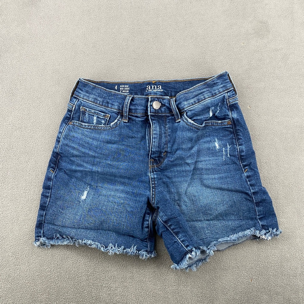 ANA A New‎ Approach High Rise Midi Denim Shorts Blue Distressed Raw Hem Size 4